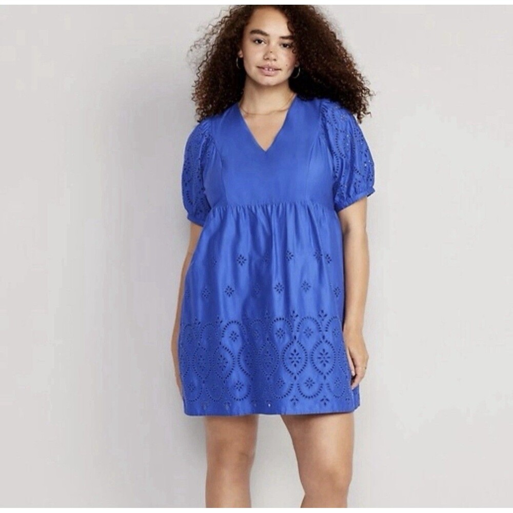 Old Navy Blue Eyelet Cotton Dress Size 2X Puff Sleeve Babydoll Mini Plus